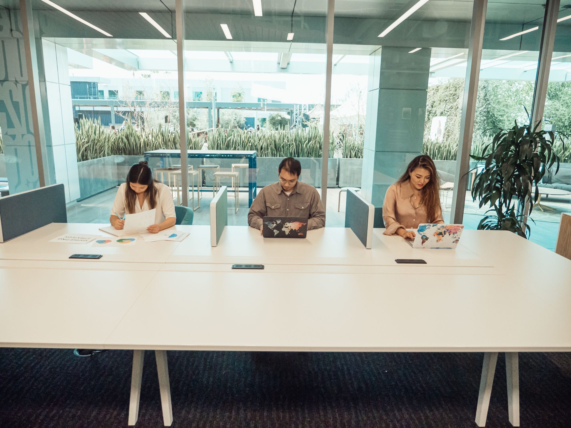 Members working side by side at partitioned desks inside a bright, glass-walled area of Northline Collective, with an outdoor terrace visible beyond.